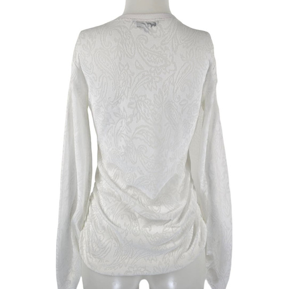 Cabi Lightweight Burnout Waffle Knit Ruched White/Gray/Gold Long Sleeve Top L - Picture 4 of 6